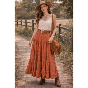 Boho Summer Western Free People Orange Nova Floral Tier Ruffle Maxi XS Skirt